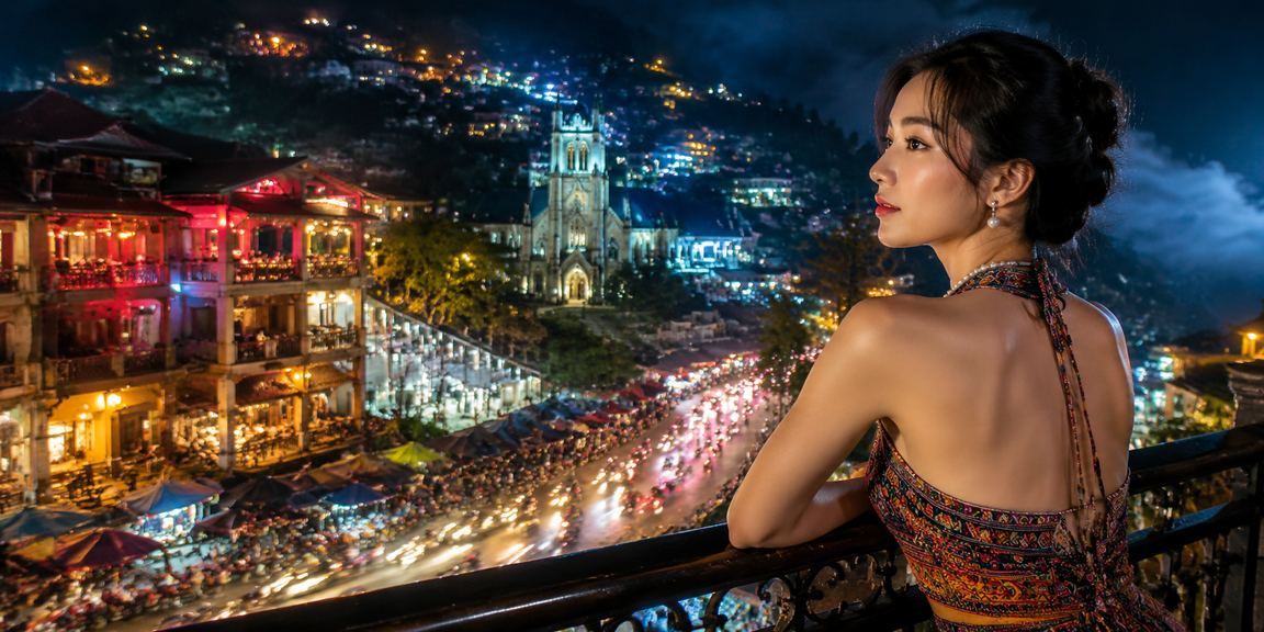 Người chơi tại Sapa đặt cược trực tuyến trên điện thoại với ánh đèn neon lung linh về đêm